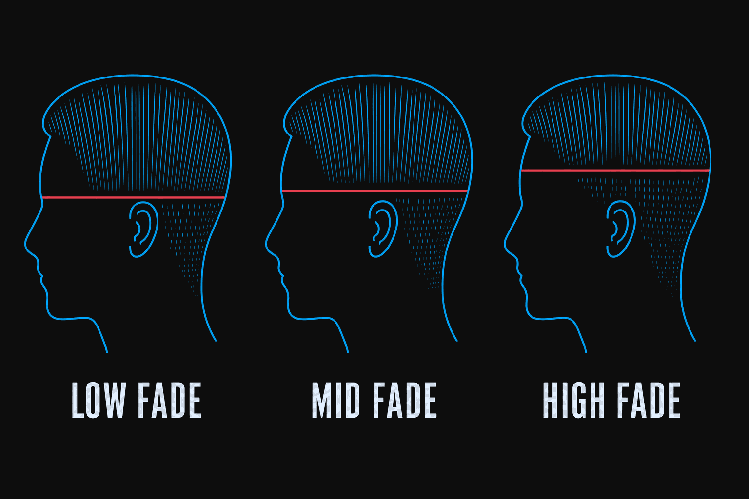 Diagram comparing low, mid and high fades by where the blend starts on the head